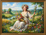 Young woman in floral dress with flower crown holding a horn of plenty and staff in a lush countryside